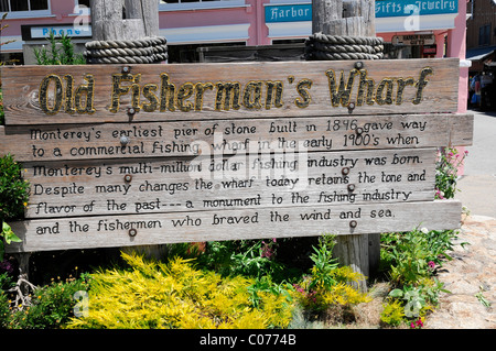Vecchio Pontile del Pescatore, segno nel porto, Monterey, California, USA, America del Nord Foto Stock