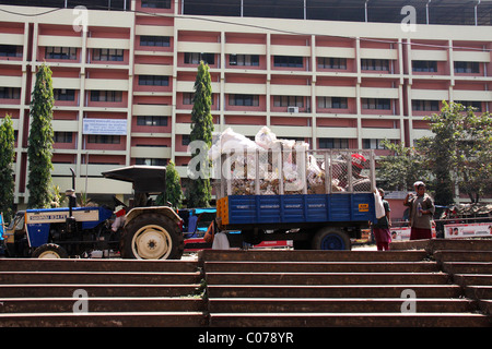 Signora kudumbasree lavoratori,che fornisce lavoro per il presagio, raccogliendo garbages in camion dal cestino,thrissur,Kerala, India Foto Stock