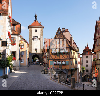 Ploenlein nodo stradale e Siebersturm tower, Rothenburg ob der Tauber, Strada Romantica, Media Franconia, Franconia, Bavaria Foto Stock