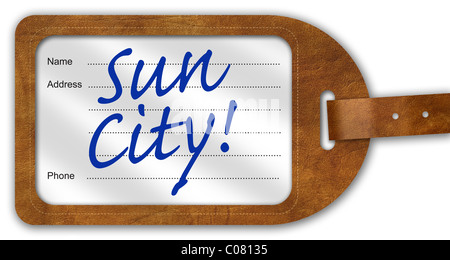 Valigia/bagagli con etichetta "città delle nazioni Unite!' scritto su Foto Stock