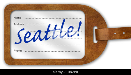 Valigia/Etichetta Bagaglio con 'Seattle!' scritto su Foto Stock