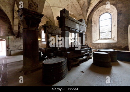 Vino vecchio preme in Kloster Eberbach offrono Abbey, Eltville am Rhein, Rheingau, Hesse, Germania, Europa Foto Stock