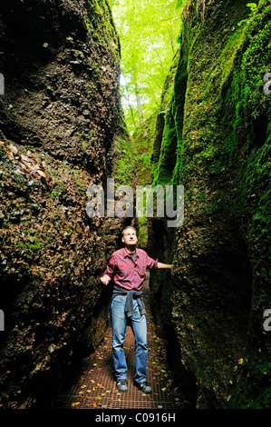 Escursionista in Drachenschlucht gorge nei pressi di Eisenach nella Foresta Turingia, Naturschutzgebiet Wartburg - Hohe Sonne natura Foto Stock