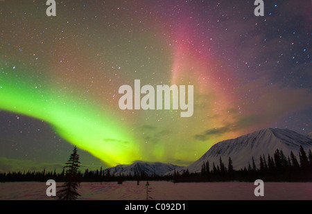 Vista delle luci del nord fino alle colline pedemontane dell'Alaska Range, ampia Pass, centromeridionale Alaska, inverno Foto Stock