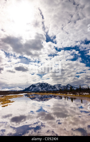 Vista delle montagne di Clearwater e nuvole riflettono in un stagno di strada lungo la Denali Highway, Alaska Foto Stock