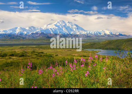 Vista di Mt. McKinley in una giornata di sole con McKinley Fiume e lago di meraviglia in primo piano, il Parco Nazionale di Denali, HDR Foto Stock