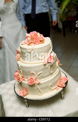 Tradizionale torta di nozze nella parte anteriore del giovane Foto Stock