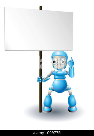 Un simpatico robot blu carattere tenendo in mano un cartello e che puntano ad esso Foto Stock
