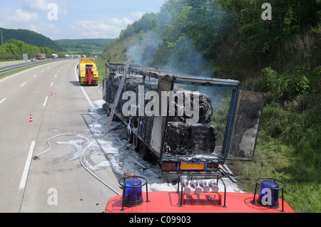 Un autocarro caricato con 25 tonnellate di carta alla bruciatura, 1000m dal resto Gruibingen stop sull'autostrada A8, Gruibingen Foto Stock