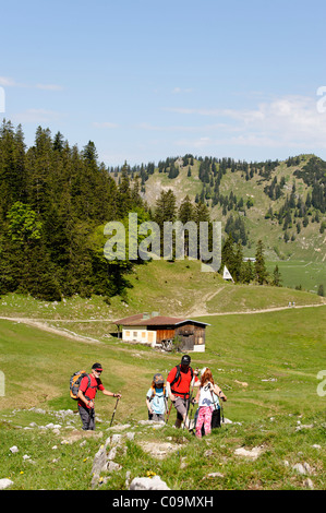 Sul sentiero a Mt. Brecherspitze, Obere Firstalm, Untere Firstalm, Firstalmen pascoli di montagna al di sotto di Mt. Bodenschneid Foto Stock