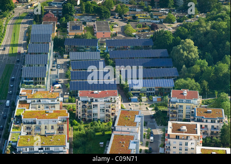 Vista aerea con vegetazione di tetti piani e tetti del villaggio solare, Vauban district, Freiburg im Breisgau, Baden-Wuerttemberg Foto Stock