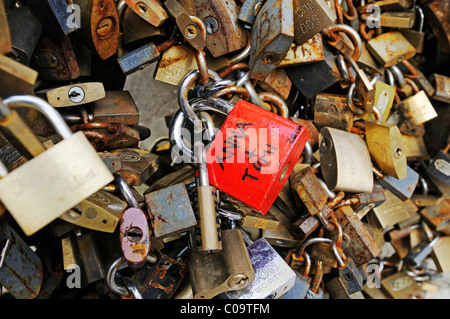 Installazione di lucchetti come simbolo dell'amore, il centro storico della città di Pécs, Capitale Europea della Cultura 2010, Ungheria Foto Stock