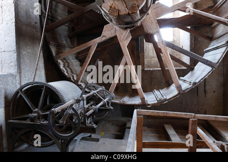 Ruota di sollevamento in steeple, Daniela o San-Georgs-Kirche chiesa, Noerdlingen, Svevia, Baviera, Germania, Europa Foto Stock