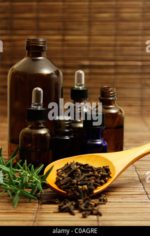 Olio essenziale di bottiglie con rosmarino fresco e un cucchiaino di chiodi di garofano essiccato su un bambù. Foto Stock