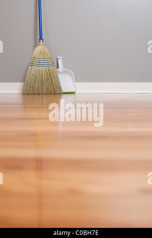 Una scopa di mais e polvere Pan su pavimenti in legno Foto Stock