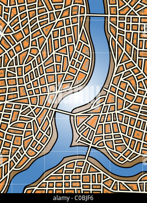 Colorata mappa illustrata di un generico sulla città e sul fiume Foto Stock