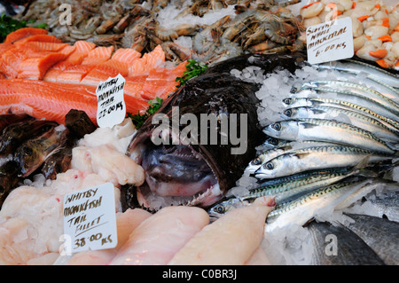Pescivendolo stallo con una rana pescatrice al Mercato di Borough, Southwark, Londra, Inghilterra, Regno Unito Foto Stock