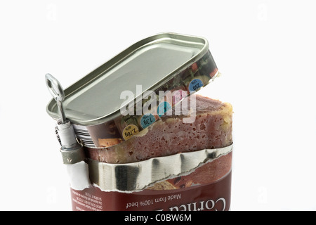 Lo stagno di " corned beef " su uno sfondo bianco, aperto dalla chiave. Foto Stock