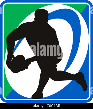 Illustrazione di un giocatore di rugby passando la sfera con sfera in background Foto Stock