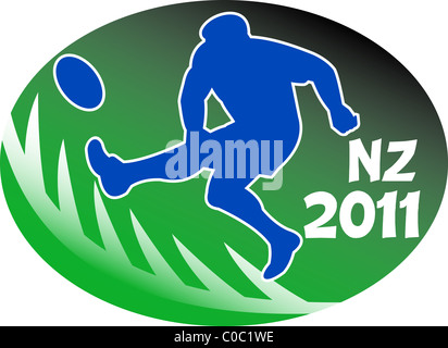 Illustrazione di un giocatore di rugby calciare la palla vista laterale impostato all'interno di forma ovale o sfera con la felce silhouette e parole NZ 2011 Foto Stock