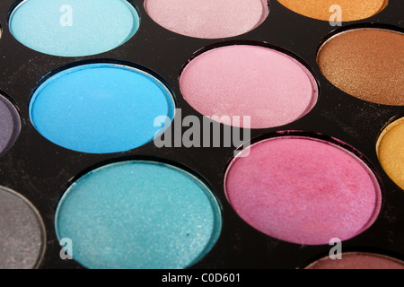 Un cofanetto del make up accessori e cosmetici compresi blusher, polvere e ombretto in una gamma di colori professionali Foto Stock