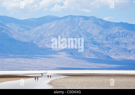 I turisti a piedi su Salina poligoni a Badwater Basin Parco Nazionale della Valle della Morte, CALIFORNIA, STATI UNITI D'AMERICA Foto Stock