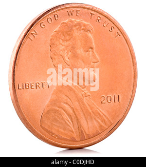 2011 US 1 cent penny di rame isolati su bianco Foto Stock