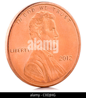 2012 US 1 cent penny di rame isolati su bianco Foto Stock