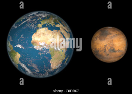 Artista del concetto confrontando la dimensione di Marte con quella della Terra. Foto Stock