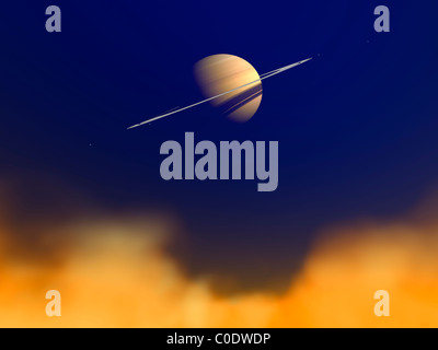 Artista del concetto di Saturno tra la foschia di idrocarburi della sua luna di Titan. Foto Stock