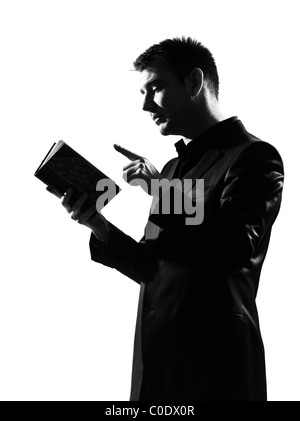 Silhouette caucasian uomo d affari con appunti che esprimono il comportamento di lunghezza completa su studio isolato sfondo bianco Foto Stock