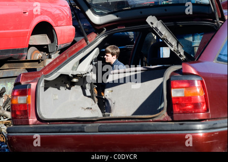 Uomo in auto scrapyard alla ricerca di parti di ricambio Foto Stock