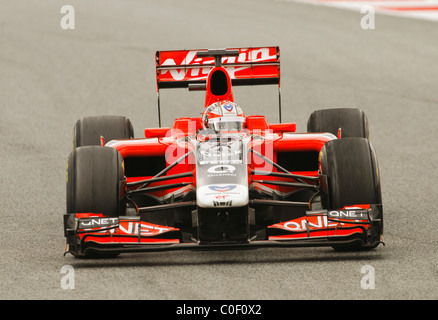 Timo Glock nella Marussia Virgin MVR-02 gara di Formula Uno auto nel febbraio 2011 Foto Stock