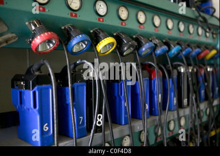 Stagno lampade dei minatori in carica all'ingresso di una miniera in Cornovaglia Foto Stock