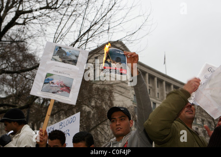 Manifestanti masterizzare poster durante la protesta Libica a Londra Foto Stock