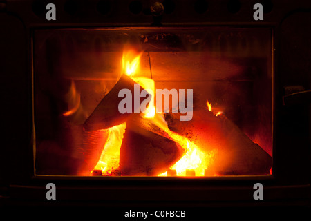 Registra sul fuoco in stufa a legna Foto Stock