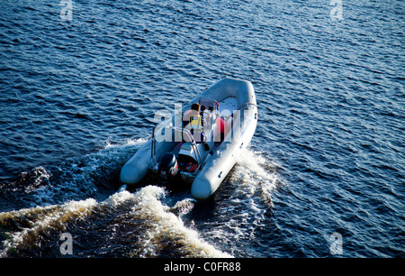 Vista aerea di uomo che guida Briga rigido gommone / skiff , Finlandia Foto Stock