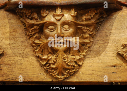 Green Man misericord nella cattedrale di Norwich, Norfolk, Regno Unito Foto Stock