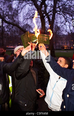 Londra, Regno Unito. Durante una manifestazione di protesta al di fuori dell'ambasciata statunitense di manifestanti libici masterizzare Gheddafi libro verde e bandiera. Foto Stock