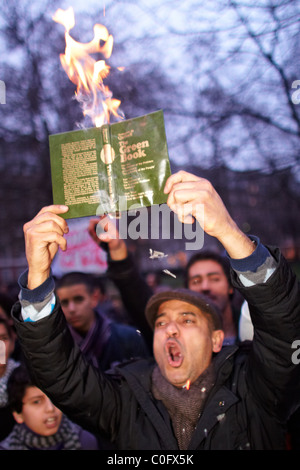 Londra, Regno Unito. Durante una manifestazione di protesta al di fuori dell'ambasciata statunitense di manifestanti libici masterizzare Gheddafi libro verde e bandiera. Foto Stock