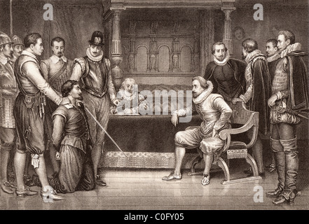 La trama di polvere da sparo. Guy Fawkes interrogato da James I e il suo consiglio in king's bedchamber Foto Stock