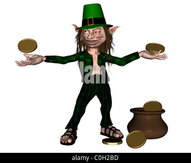 Leprechaun irlandese con monete e una pentola d'oro Foto Stock