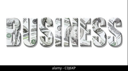 Parola di Business sovrapposti su un centinaio di dollari su sfondo bianco Foto Stock