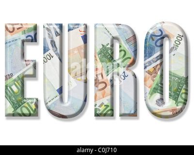 Euro parola sovrapposta sullo sfondo di venti, cinquanta e cento banconote in euro Foto Stock