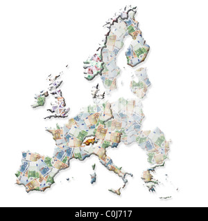 Mappa di Europa con paesi di Eurozona e non-Paesi di Eurozona sovrapposti su sfondo di valuta Foto Stock