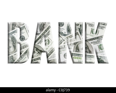 Parola di banca con sovrapposta sullo sfondo di un centinaio di dollari USA banconote Foto Stock