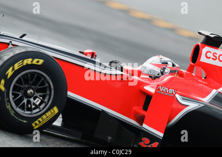 Timo Glock nella Marussia Virgin MVR-02 gara di Formula Uno auto nel febbraio 2011 Foto Stock