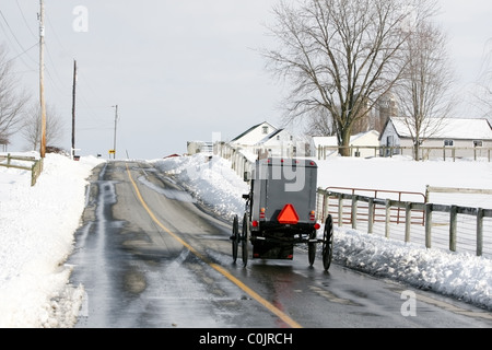 Amish buggy su nevoso inverno strada in Lancaster, PA Foto Stock