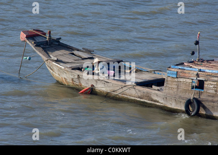 Asia, Vietnam, Ho Chi Minh City (aka Saigon). Vedute lungo il Fiume Saigon di tipico del pescatore houseboat. Foto Stock