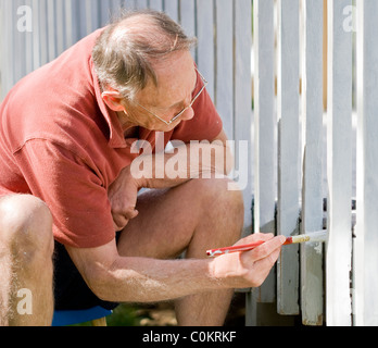 Senior uomo pittura un di legno decking recinzione Foto Stock